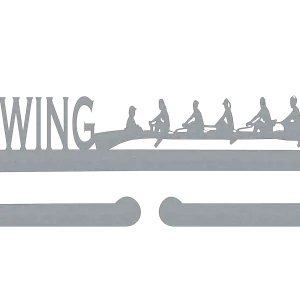 Laser-cut steel wall art featuring the word 'ROWING' with crossed paddles and a silhouette of a rowing team in action. Designed for sports enthusiasts.